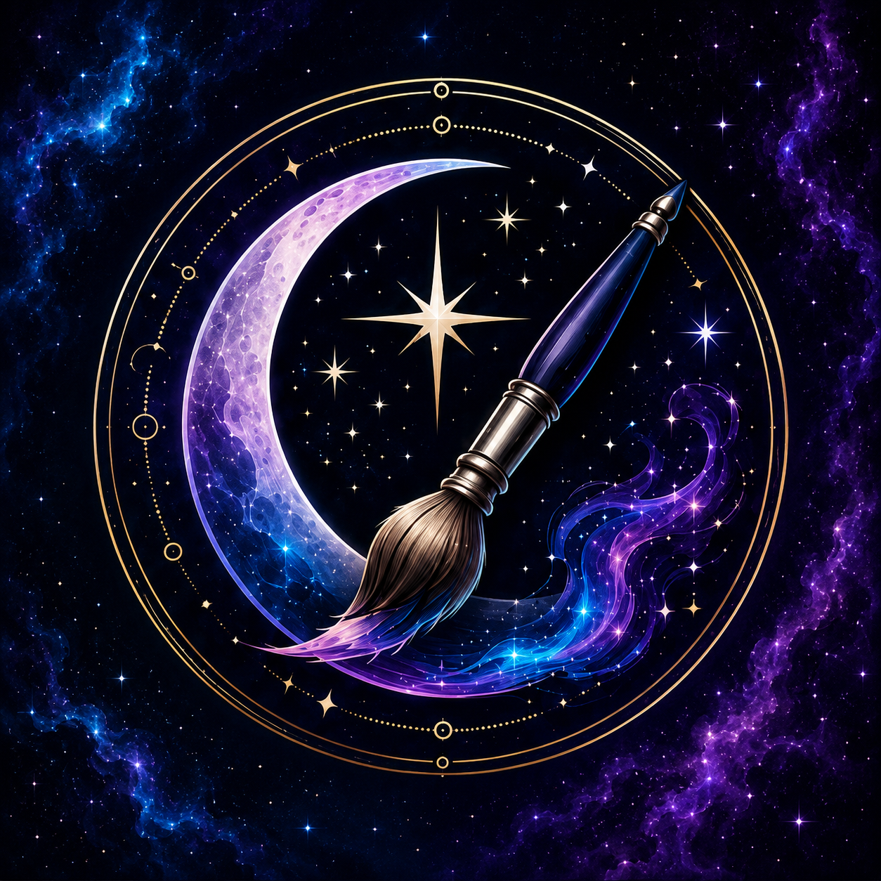 Cosmic Canvas crescent moon and paintbrush emblem